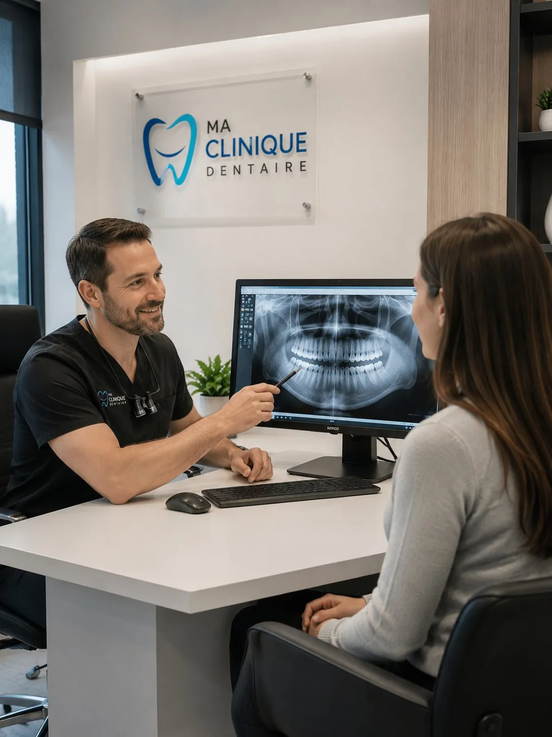 Dentiste expliquant une radiographie à une patiente